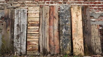 Old Weathered Wooden Planks Against Brick Wall