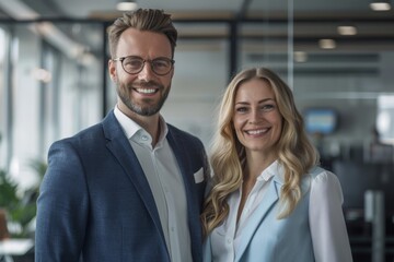 Portrait of a business man and woman smiling in modern office, standing together.
