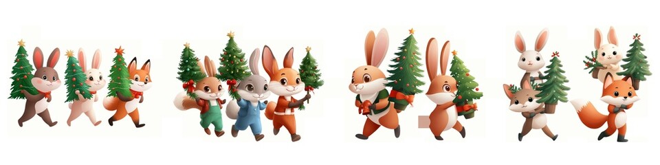 A group of adorable cartoon animals carrying trees, perfect for holiday themes and children's illustrations.