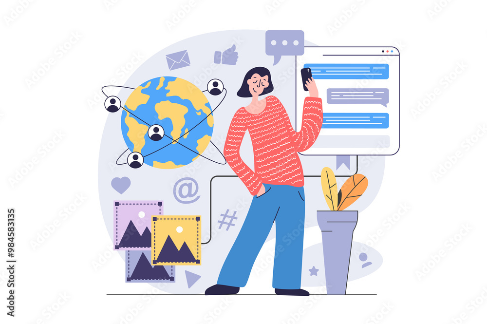 Poster social network concept in modern flat design for web. woman sending messages and emails, chatting wi