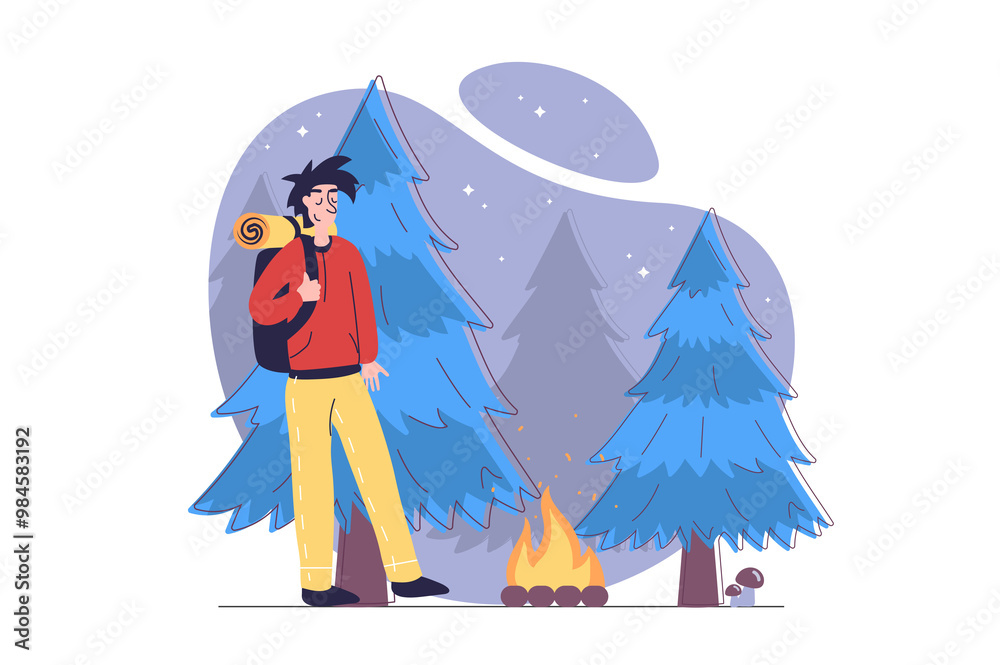 Poster summertime concept in modern flat design for web. man with backpack hiking at forest and relaxing at