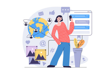 Social network concept in modern flat design for web. Woman sending messages and emails, chatting with global friends, sharing information online, making photo posts in blog. Illustration.