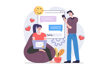 Social network concept in modern flat design for web. Woman and man sending messages in dating app, chatting with friends and using emoji and hearts, sharing information online. Illustration.