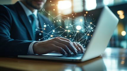 A businessman typing on a laptop with a digital network graphic overlay.