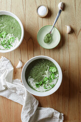 broccoli puree soup with cream and pesto