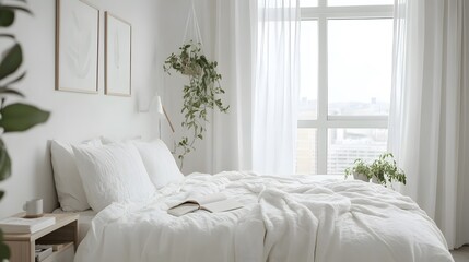 A minimalistic bedroom interior with a white bed, hanging plants, and a large window.