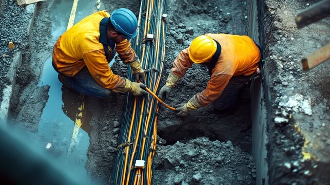 Workers in uniforms and helmets lay fiber optic cables for internet in the city