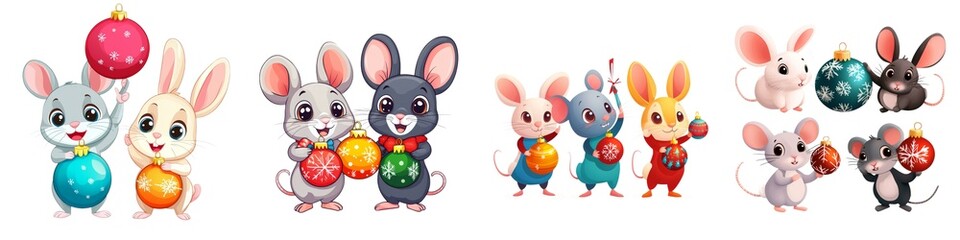 Cheerful cartoon rabbits celebrating with festive ornaments, perfect for holiday-themed projects and children's illustrations.
