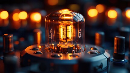 Macro shot of an amplifier tube glowing with soft, warm light, symbolizing the precision and engineering involved in high-end analog audio systems