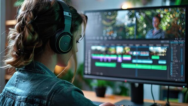A woman using her computer, with a blank mockup template ideal for adding text and an isolated green screen.