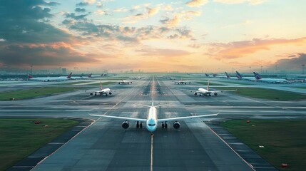Fototapeta premium A busy airport runway with multiple airplanes taxiing and taking off, capturing the fast-paced world of global travel