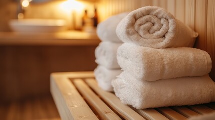 A stack of neatly rolled white towels on a wooden bench in a serene, spa-like environment.