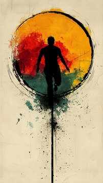 Minimalist poster of gymnast performing on the parallel bars featuring abstract shapes and dynamic color