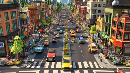 3D cartoon downtown city with animated traffic, vibrant storefronts, and lively parks filled with colorful characters and activities