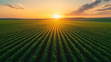 green agriculture field with the sunset in the horizon