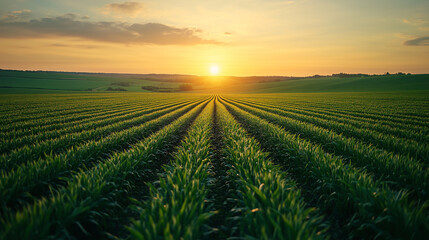 green agriculture field with the sunset in the horizon