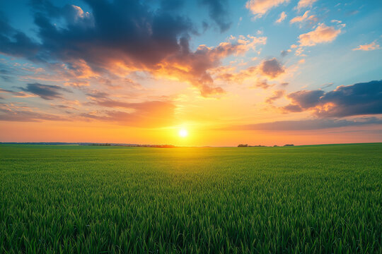 green agriculture field with the sunset in the horizon - Powered by Adobe