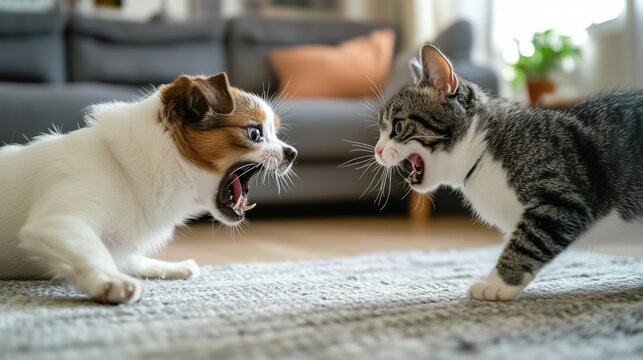 Dog and cat fighting at home