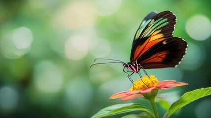 Fototapeta premium A vibrant butterfly perched on a colorful flower, showcasing nature's beauty.