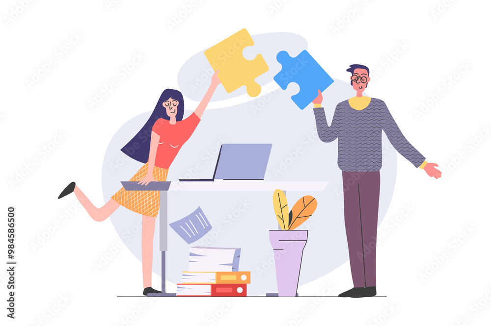 Poster teamwork concept in modern flat design for web. man and woman cooperating and brainstorming in offic