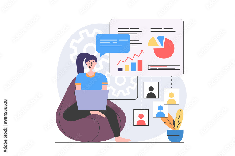 Leinwandbilder video conference concept in modern flat design for web. woman doing work task distantly and making d