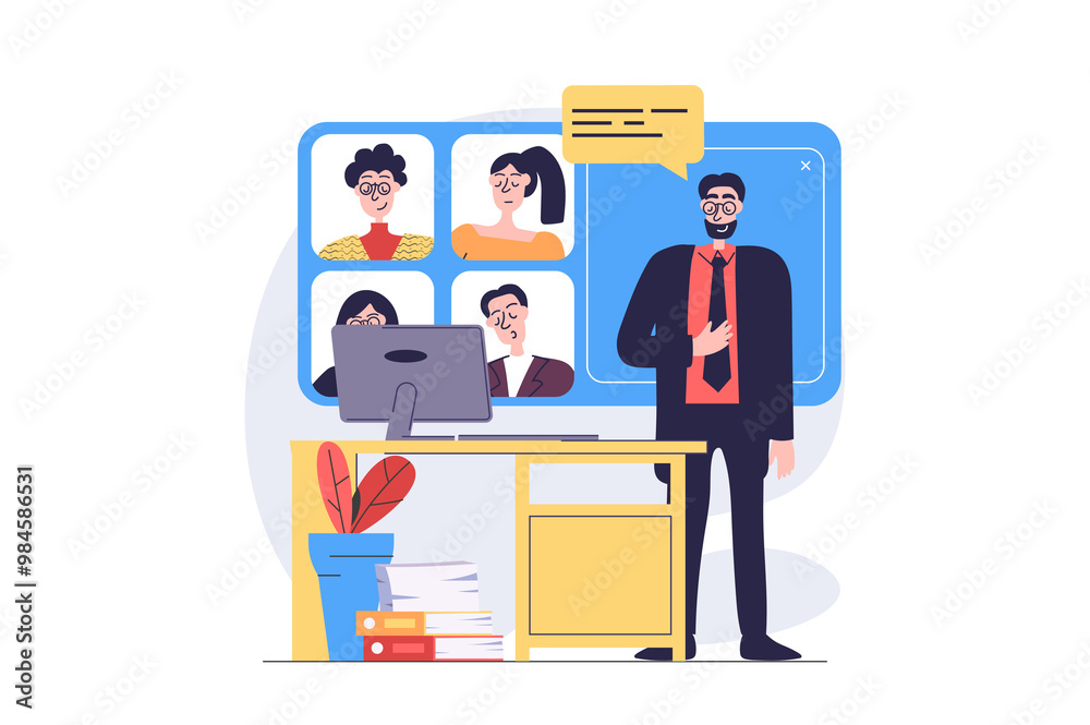 Poster Video conference concept in modern flat design for web. Man briefing colleagues and connecting by zoom call, brainstorming and collaborating online, working in team remotely. Illustration.