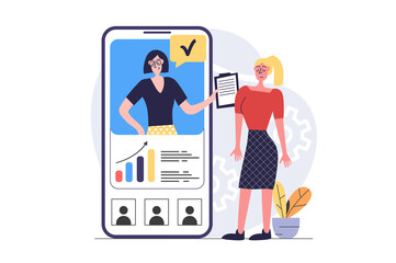 Video conference concept in modern flat design for web. Women connecting online via zoom call from mobile app, speaking and discussing work, manager briefing employee remotely. Illustration.