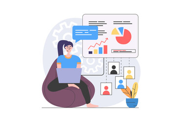 Video conference concept in modern flat design for web. Woman doing work task distantly and making data analysis, sharing link to report with colleagues online for teamwork. Illustration.