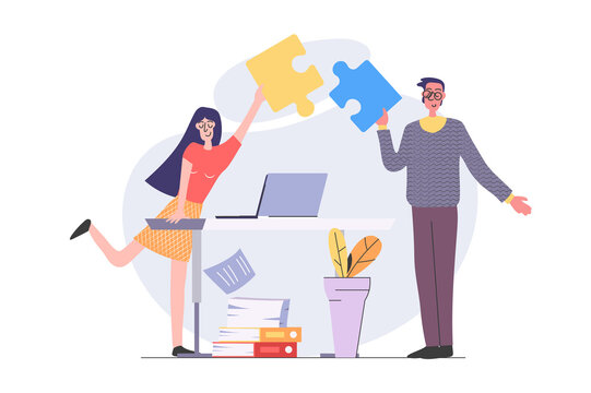 Teamwork concept in modern flat design for web. Man and woman cooperating and brainstorming in office, connecting puzzle project pieces, doing challenges and support partners. Illustration.