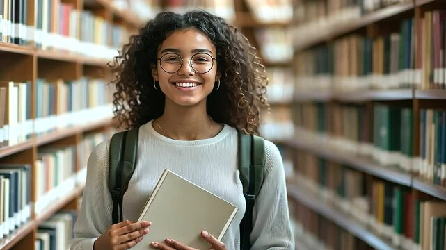 young American student in a university library, holding a backpack and copybooks, smiling at the camera with a proud expression, surrounded by rows of books and a scholarly environment