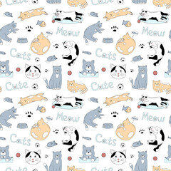 A seamless pattern featuring playful, cute cats in various poses with fish, paw prints, and toys, alongside words like 