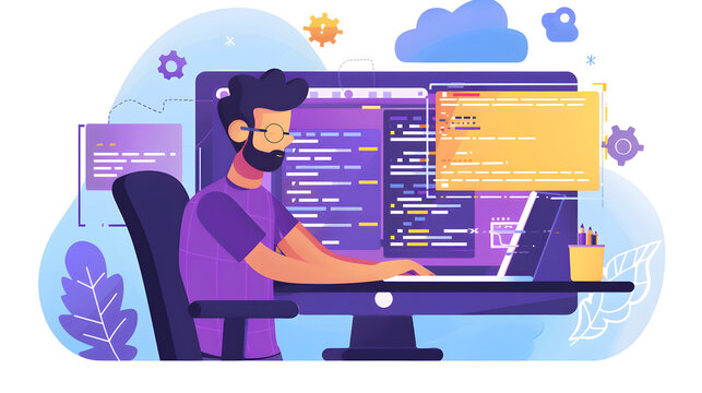 Full-stack developer working on cloud integration, coding in the background, modern software development process