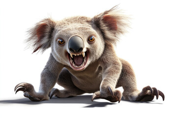 An animated koala bear with an aggressive expression, showcasing sharp claws and fierce eyes, adding an unexpected twist to the typically cute animal's image.