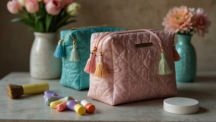 Pastel quilted cosmetic bags with tassels alongside a quilting kit on a table.