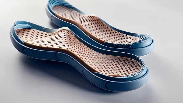 Orthopedic insoles isolated against a white background, emphasizing their ergonomic structure and intended use in the treatment and prevention of flat feet and foot disorders.