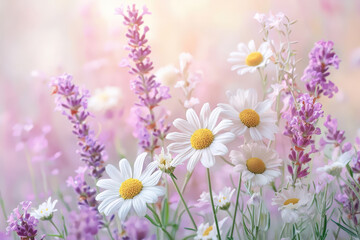 Fototapeta premium A beautiful arrangement of lavender, chamomile, and wildflowers creates soft, natural background, evoking sense of tranquility and serenity