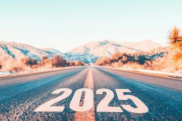 scenic highway ending in horizon with number "2025" written on the bottom of the road, new year concept