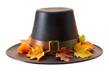 Traditional pilgrim hat with leather band and autumn leaves