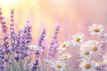 Lavender, chamomile, and wildflowers create soft, natural background, evoking sense of tranquility and beauty in nature. This serene floral arrangement captures essence of peaceful garden