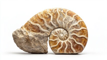 A beautiful ammonite fossil, preserved in stone, stands out against a white background. This ancient shell belonged to a type of extinct sea creature.