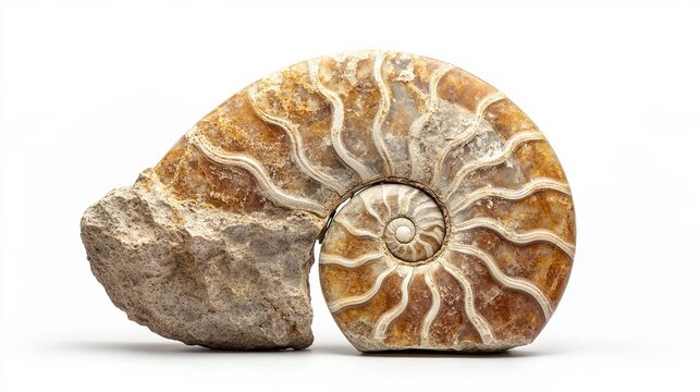A beautiful ammonite fossil, preserved in stone, stands out against a white background. This ancient shell belonged to a type of extinct sea creature.