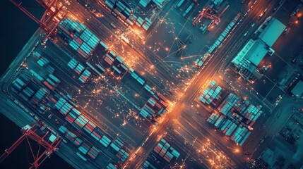 Obraz premium Global logistics network with shipping containers, cargo planes, and trucks connecting major cities around the world