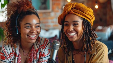 Joyful young hosts, wearing trendy outfits, recording a podcast episode in a loft studio, their faces full of excitement and creativity.