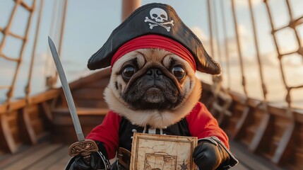 A charming pug dressed as a pirate, complete with a hat and sword, posing on a ship, ready for adventure on the high seas.