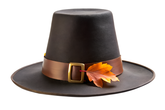 Black pilgrim hat with golden buckle and autumn leaf decoration