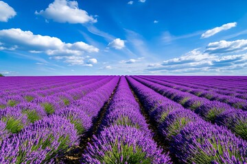 Fototapeta premium A field of lavender in full bloom, stretching toward the horizon under a sunny sky