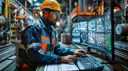 An industrial engineer in a busy factory wearing a hard hat and a high-vis vest is using a PC with two screens visible, one of which has a green mock-up screen. - Powered by Adobe