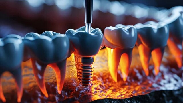 Healthy teeth and dental implant anatomy in human dentura, focusing on the implant's position and how it functions alongside natural teeth.