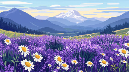 Obraz premium A vibrant landscape featuring blooming lavender fields and chamomile meadows, set against majestic mountains and serene sky. scene evokes sense of tranquility and natural beauty