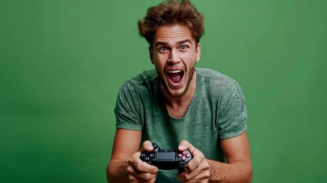 A focused man wearing jeans and a graphic t-shirt is seen holding a video game controller, his eyes fixed on the screen against a green background. He appears excited.